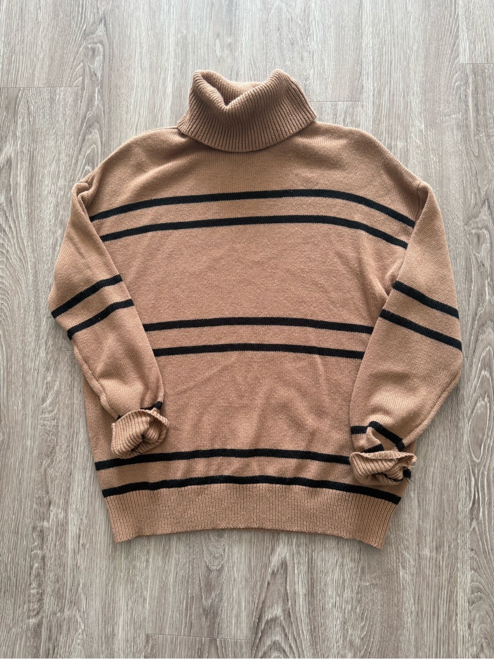 Tan Turtleneck Sweater with Black Stripes